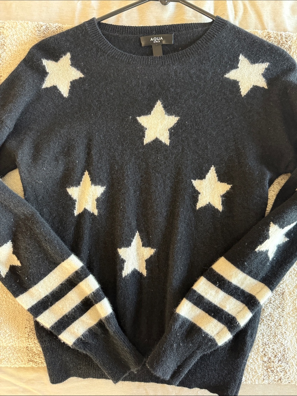 Aqua Black Crewneck Sweater with Cream Star Motif